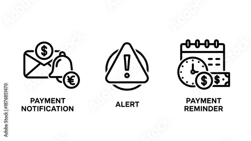 Financial Notification and Payment Reminder Icons for Bill Alerts, Deadline Scheduling, and Transaction Warnings
