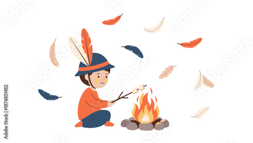 Boy Enjoying A Campfire And Roasting Marshmallows Surrounded By Falling Feathers