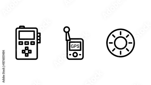 Outdoor Navigation and Handheld GPS Device Icons for Trekking, Geocaching, and Wilderness Location Tracking