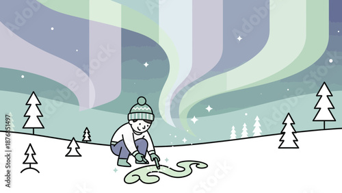 Boy Drawing In The Snow Under Northern Lights In A Winter Landscape