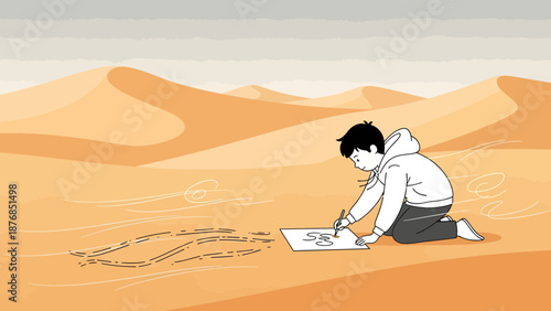 Boy Drawing Imagination On Paper Sand Dunes Inspired Creativity Outdoors