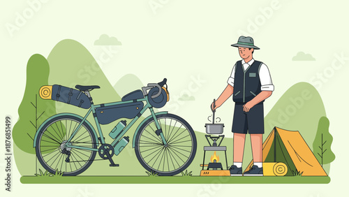 Bike Touring Adventure At Campground With Outdoor Cooking Scene Illustration
