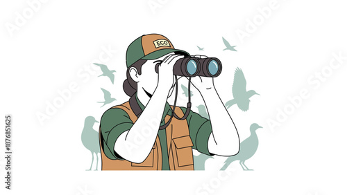 Bird Watching Enthusiast Observing Wildlife Through Binoculars in Nature