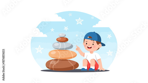 Boy Enjoying The Zen Garden Stacking Pebbles Outdoors Under The Starry Sky