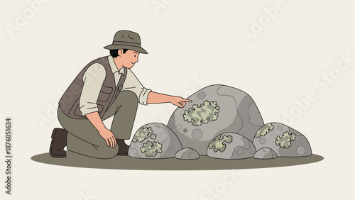 Biologist Examining Lichen Covered Rocks In Field Study Illustration