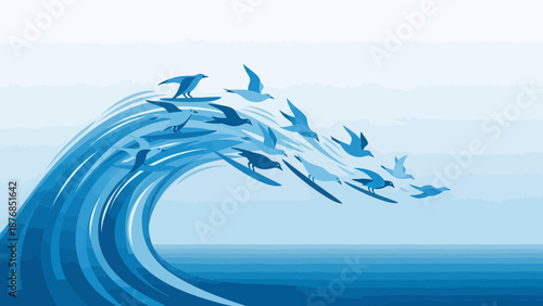 Birds And Waves Creating A Harmonious Visual With Blue Color Palette