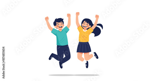 Energetic boy and girl jump with joy, celebrating a victory or expressing happiness with their arms raised high in the air.