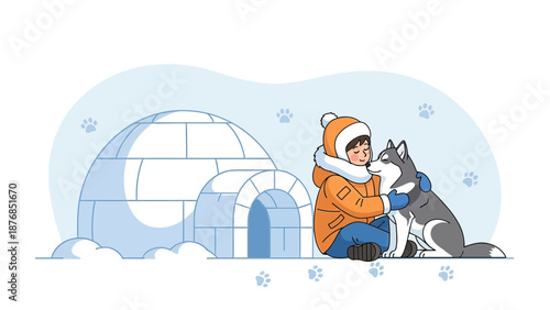 Boy Enjoys Cuddling With Husky Beside Igloo Winter Adventure Illustration