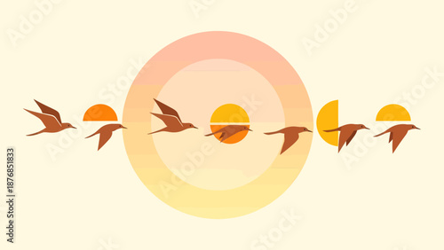 Birds Flying Freely Against A Sunset Background With A Retro Minimalist Style