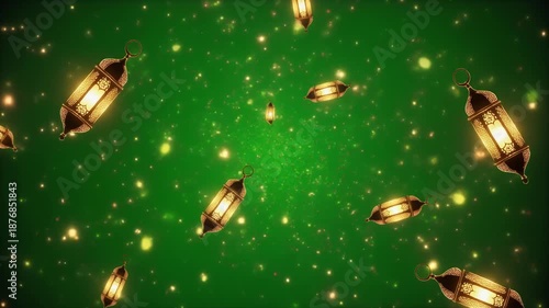 Traditional Arabic lanterns glowing and floating with sparkling green particles.
