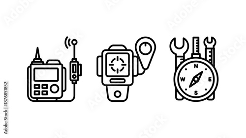 Outdoor adventure navigation icons including a handheld radio, GPS smartwatch tracker, and a directional compass with tools.