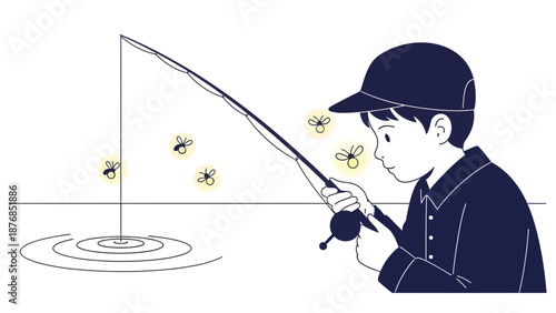 Boy Fishing Near Fireflies With Hat Under Night Sky In Summer Time