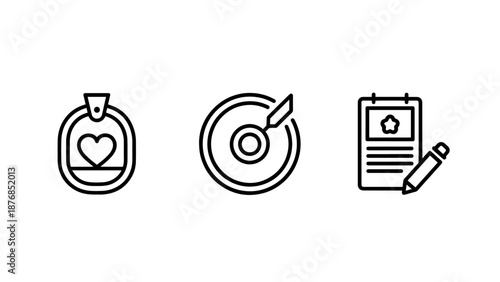Business planning and quality assurance icons representing targets, heart-shaped tags, and document reviews
