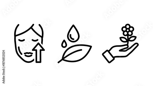 Natural skincare and beauty treatment icons featuring facial lifting, botanical extracts, and gentle care