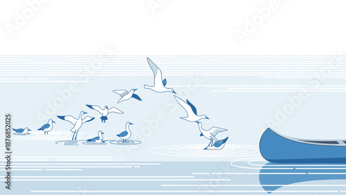 Birds Leaving Water Toward a Canoe in a Minimalist Style Illustration