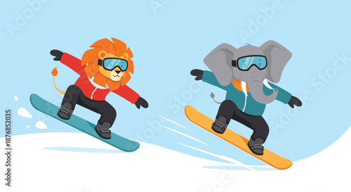 Cheerful cartoon lion and elephant enjoying a snowboarding race down a snowy mountain slope on a bright winter day.