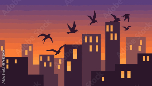 Birds Soaring Above Cityscape At Dusk With Warm Tones And Minimalist Design