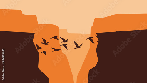 Birds Silhouette Flying Over Grand Canyon Landscape At Sunrise Minimal Illustration