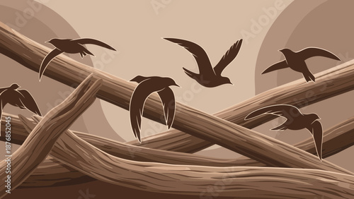 Birds Soaring Over Logs In A Serene Brown Palette Silhouette Scene