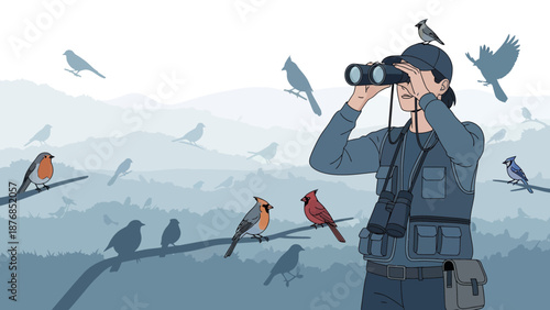 Birdwatcher Enjoys Observing Bird Species In A Natural Environment In Daytime