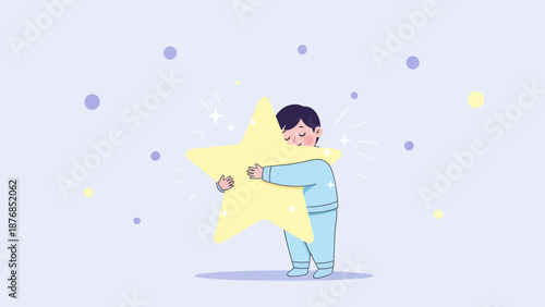 Boy Hugging Shiny Star Representing Ambition Dreams and Achievement Childlike Illustration