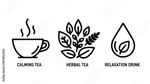 Herbal beverage and relaxation icons representing calming tea and healthy organic plant-based drinks
