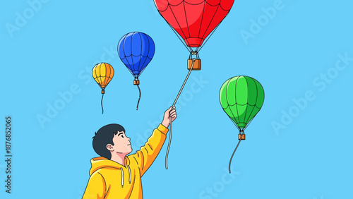 Boy Holding Tethered Hot Air Balloons In A Fantasy Sky Scape Concept