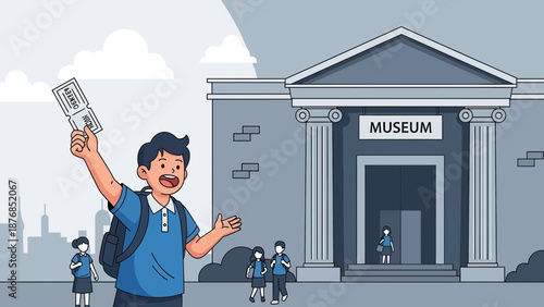 Boy Holding Ticket Visiting Museum With Schoolmates On Educational Trip