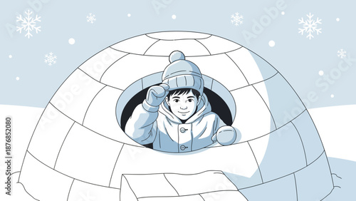 Boy In Igloo In A Snowy Winter Landscape Illustration For Childrens