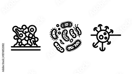 Virology and pathology icons illustrating virus structures, bacterial clusters, and disease prevention
