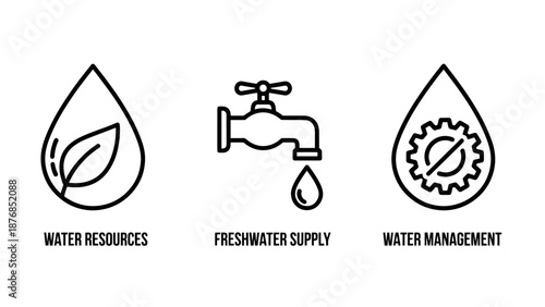 Water resource management icons representing freshwater supply, ecology, and utility infrastructure