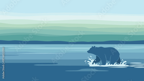 Blue Bear Splashing In Lake Cartoon Graphic Vector Illustration Landscape