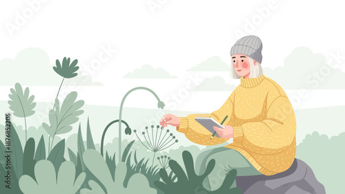 Botanical Illustration Young Woman Drawing Wildflowers In Meadow Flat Vector Art