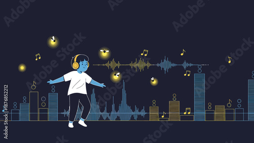 Boy Listening Music And Dancing Amidst Sound Waves And Musical Notes