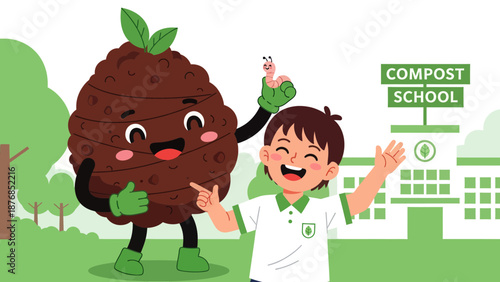 Boy Learns About Composting From Cartoon Compost Character At School Together