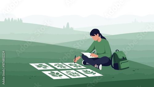 Botanical Illustrator Working Outdoors Capturing Leaf Details On The Landscape View