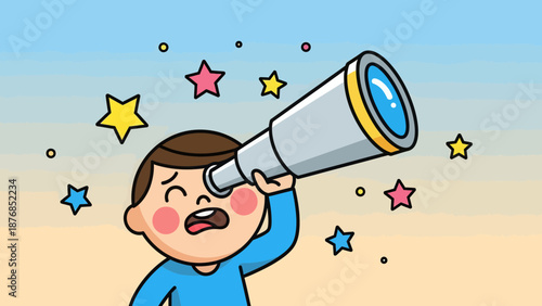Boy Looking Through Telescope With Disbelief Under Starry Skies Illustration