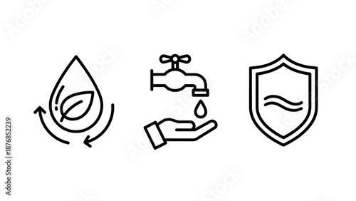 Water Conservation and Hygiene Icons Set for Sustainable Usage, Hand Washing and Shield Protection