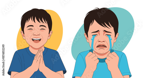 Portrait of a young boy expressing contrasting emotions of intense joy and deep sadness through laughing and crying faces.