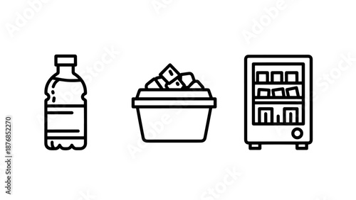 Hospitality Refreshment Icons Set Including Bottled Water, Ice Cube Bucket and Vending Cooler