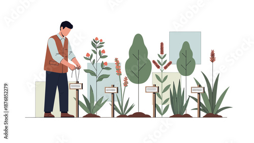 Botanist Carefully Tying a Plant with Identification Tags in Modern Greenhouse