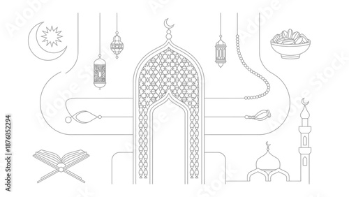 Ramadan Outline: An abstract and elegant minimalist line art illustration captures the essence of the Ramadan spirit, showcasing traditional elements in a refined monochrome style.