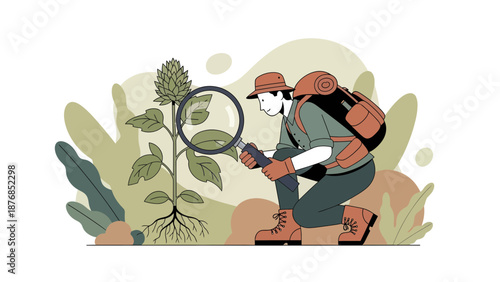 Botanist Examining Plant Life With Magnifying Glass In Nature Illustration