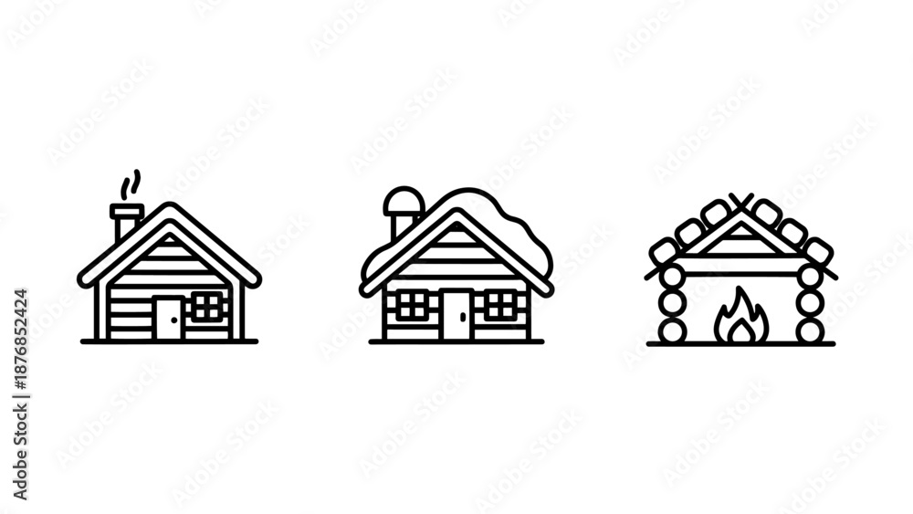 Fototapeta premium Various Log Cabin and Mountain Hut Architecture Icons Featuring Snow-Covered Roofs and Cozy Interior Fireplaces