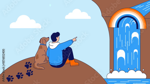Boy And Dog Enjoying A Rainbow Waterfall In Nature Adventure Illustration
