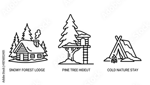 Selection of Snowy Nature Stays Featuring Forest Log Lodge, Pine Treehouse Hideout, and Cold Weather Tent