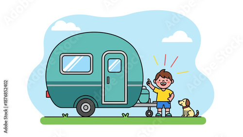 Boy And Dog Ready For Camping Adventure With Teardrop Trailer