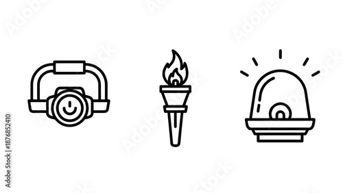 Emergency and Outdoor Lighting Equipment Icons Including Headlamp, Flaming Torch, and Siren Beacon Light