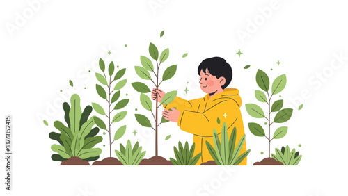 Boy Planting Sapling Illustration Representing Eco Consciousness And Sustainable Living