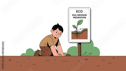 Boy Plants Seedlings Near Eco Sign Promoting Soil Erosion Prevention Awareness